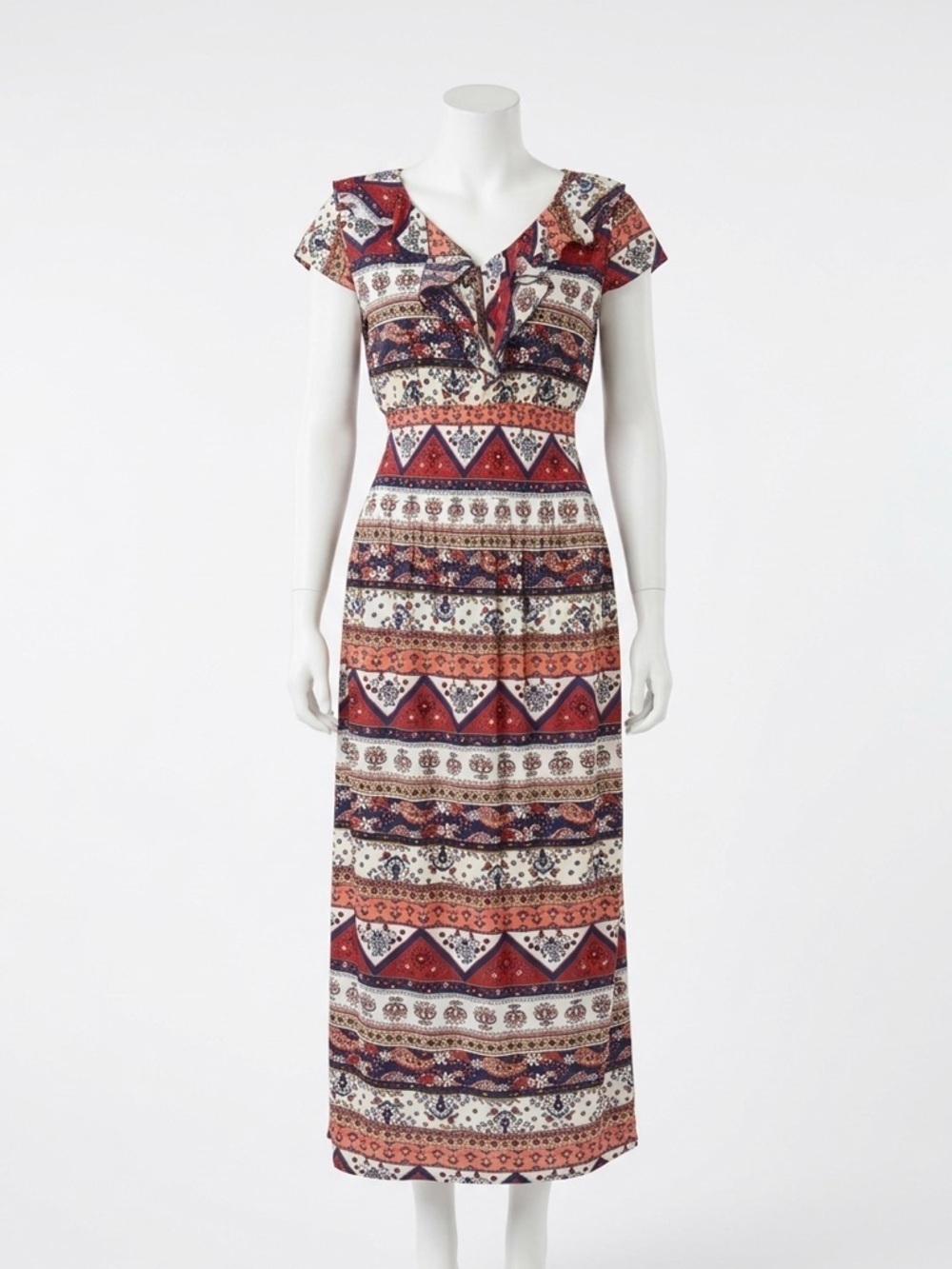Unbranded Boho Mixed Print Ruffle V Neck Smocked Festival Maxi Dress OSFM